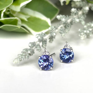 Silver Round Cut Tanzanite with Trilogy Diamond Highlight Earrings