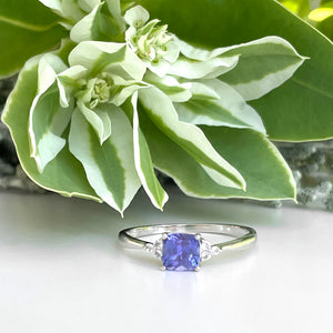 Silver Cushion Cut Tanzanite with Trilogy Silver Topaz Highlight Ring
