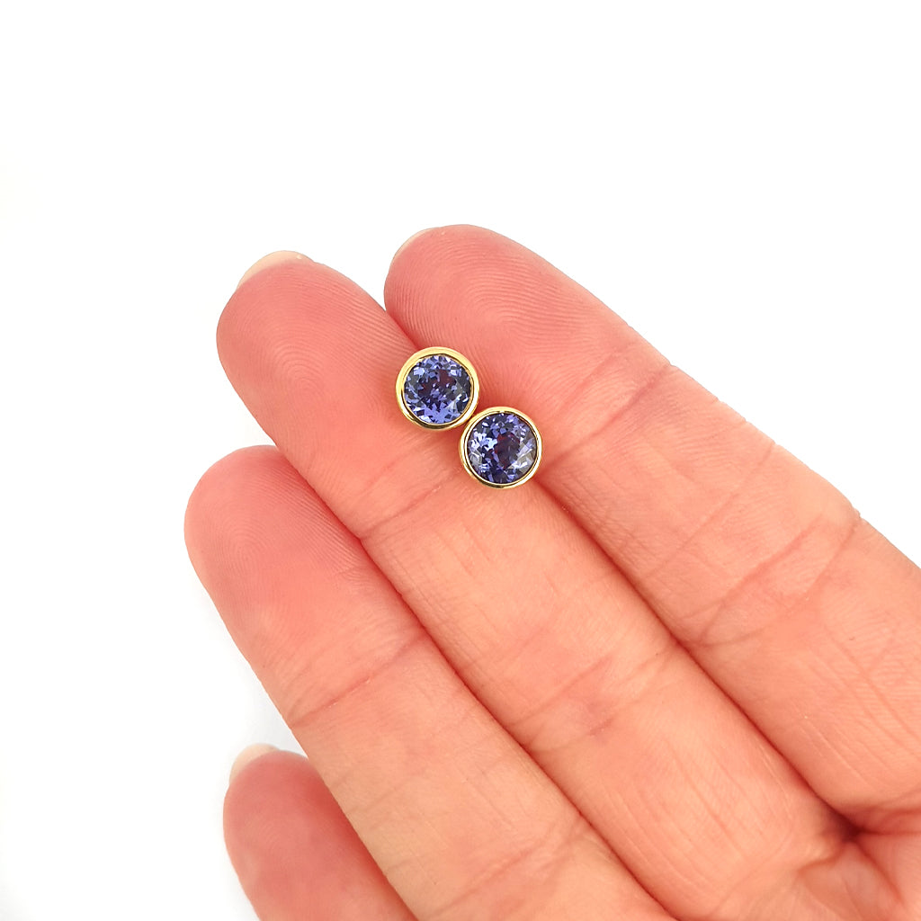 Classic Round Cut Tanzanite Yellow Gold Bezel Set Studs