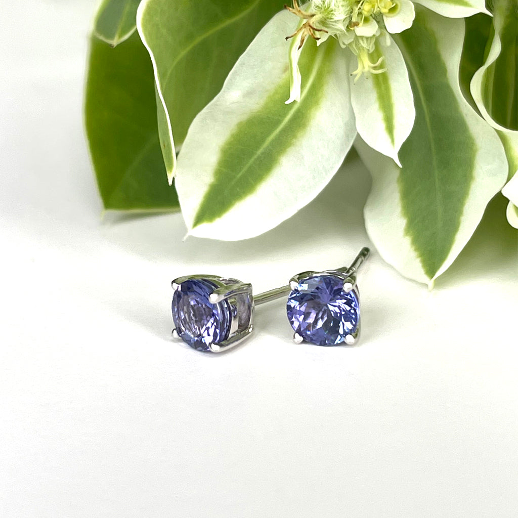 Silver Solitaire Round Cut Tanzanite Earrings