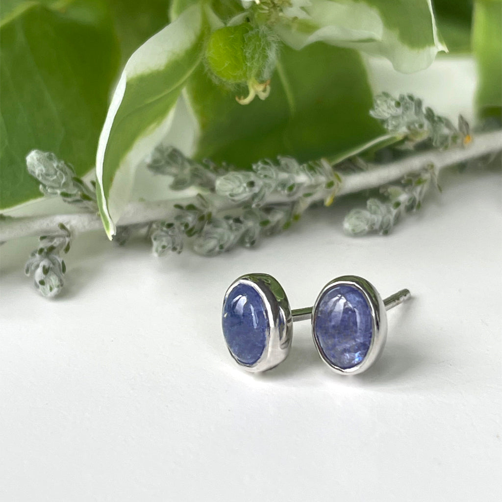 Silver Oval Cabochon Cut Tanzanite Studs