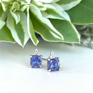 Silver Cushion Cut Tanzanite with Trilogy Silver Topaz Highlight Earrings