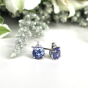 Silver Round Cut Tanzanite with Trilogy Diamond Highlight Earrings
