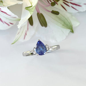 Silver Pear Cut Tanzanite with Trilogy Silver Topaz Highlight Ring