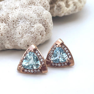 Standout Trilliant Rose Gold Aquamarine and Diamond Highlight Stud Earrings