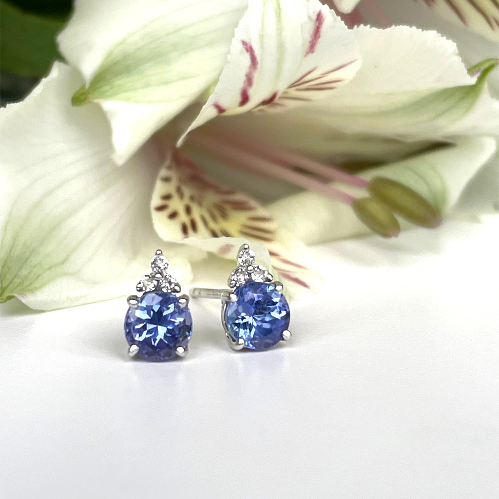 Silver Petite Round Cut Tanzanite with Trilogy Diamond Highlight Earrings