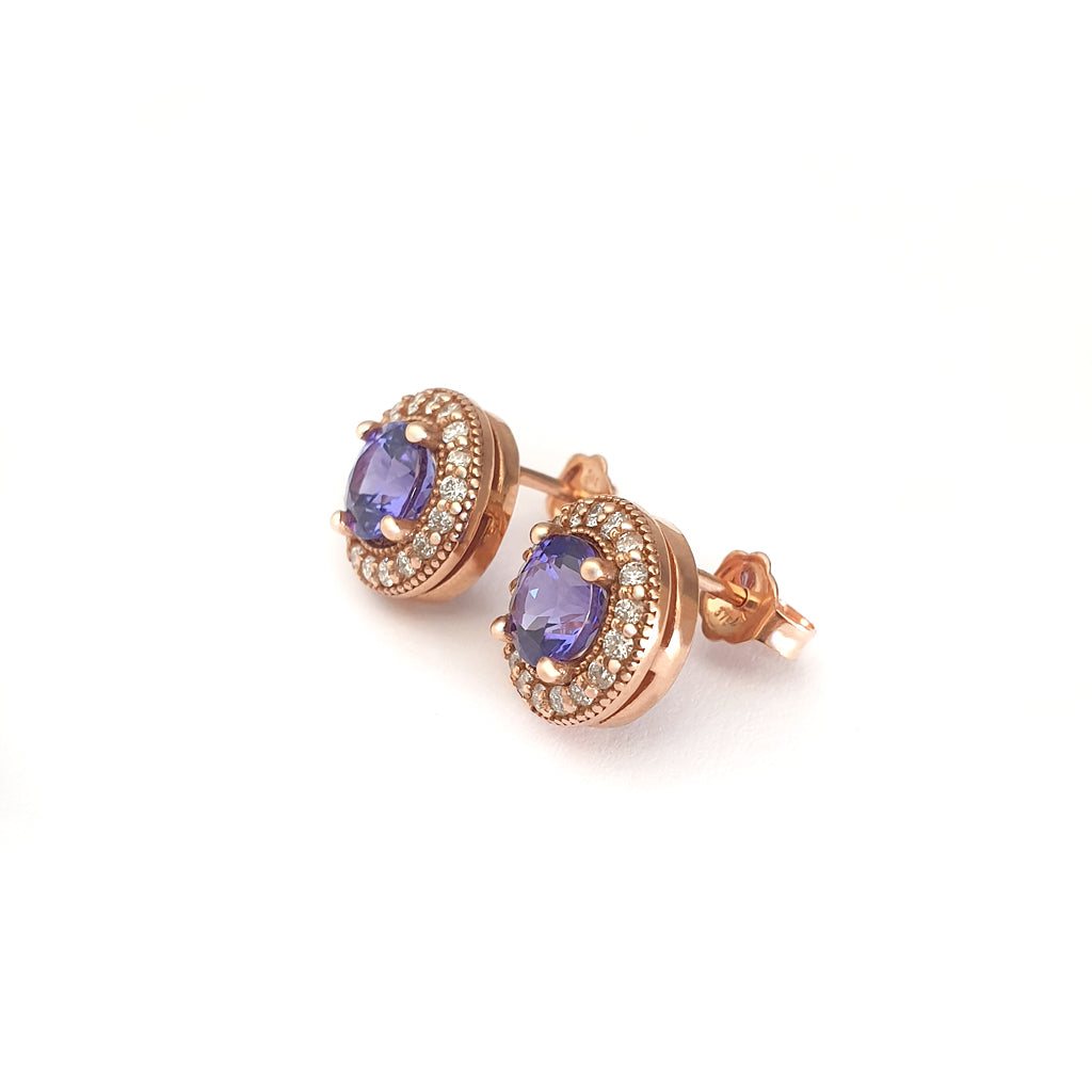 Glam Diamond Halo Round Cut Tanzanite Rose Gold Studs