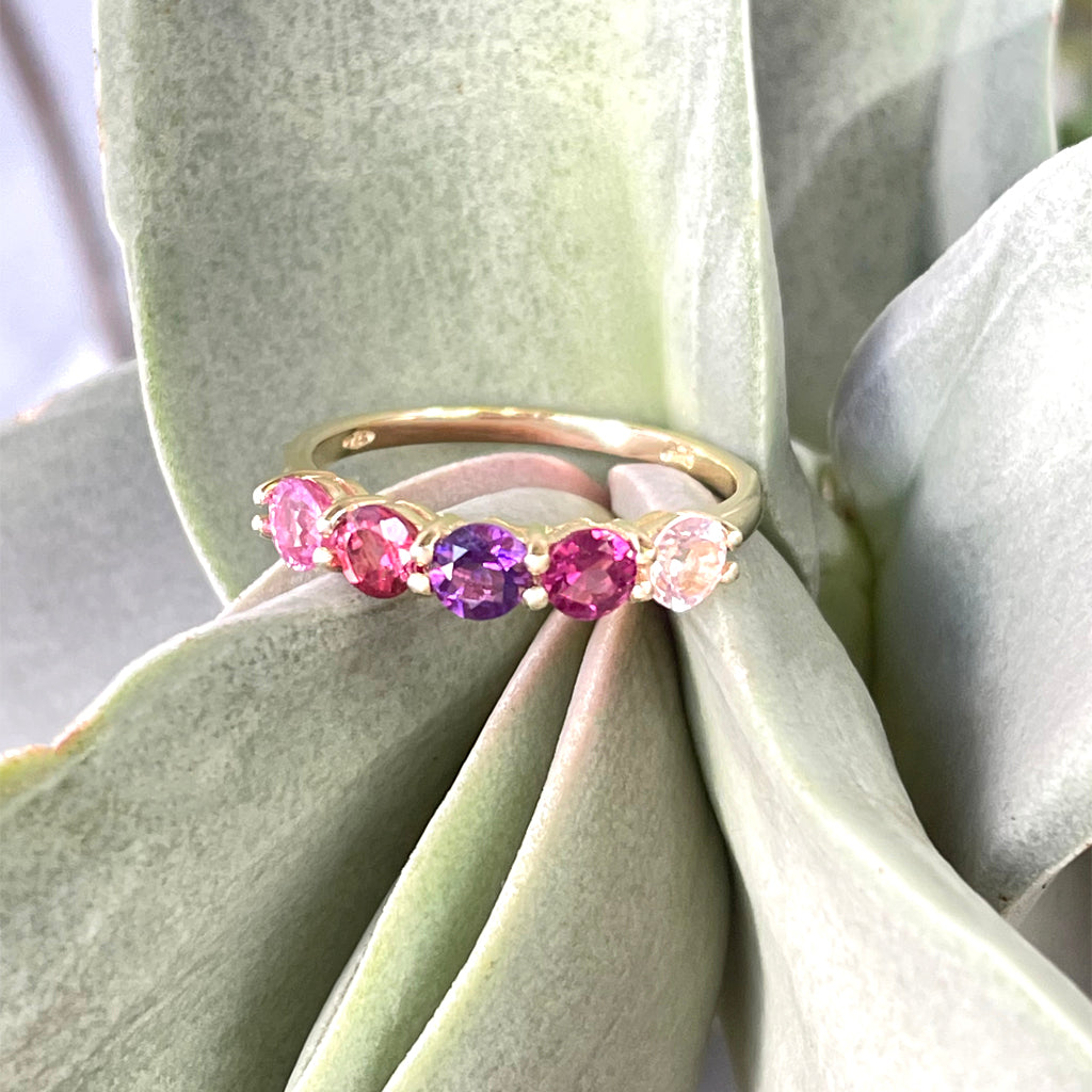 Playful Pinks and Purple Yellow Gold Ring