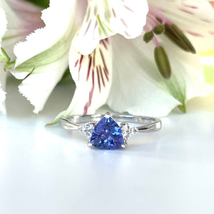Silver Trilliant Cut Tanzanite with Trilogy Silver Topaz Highlight Ring