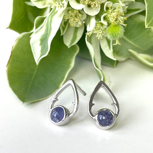 Silver Round Cabochon Cut Tanzanite with Silver Pear Outline Earrings