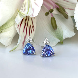 Silver Trilliant Cut Tanzanite with Trilogy Silver Topaz Highlight Earrings