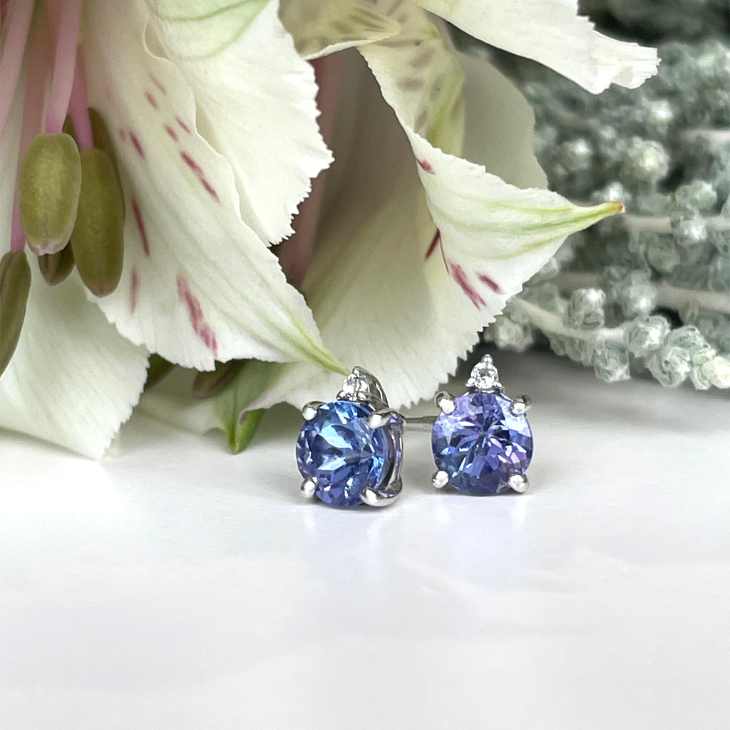 Silver Petite Round Cut Tanzanite with single Diamond Earrings