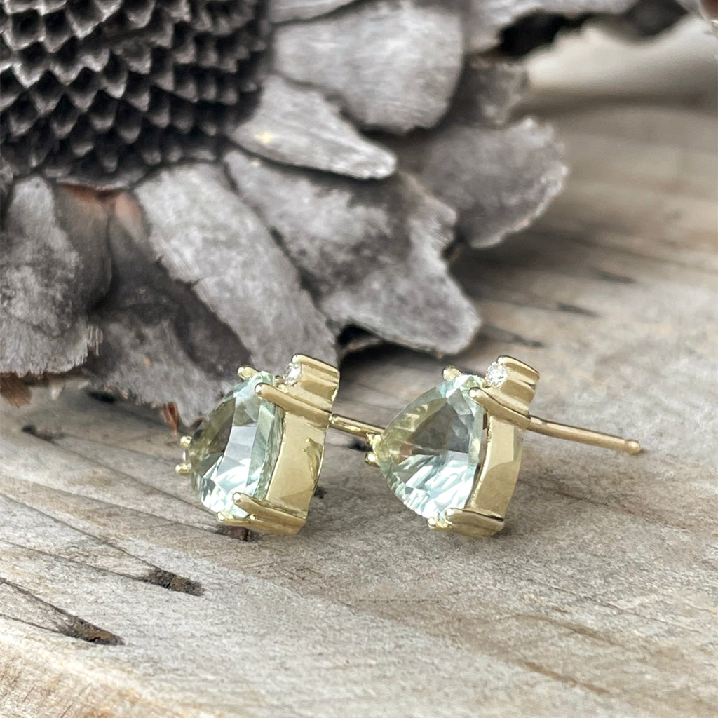 Stunning Trilliant Green Amethyst, Diamond Yellow Gold Studs