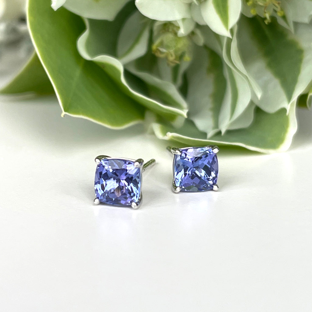 Silver Solitaire Cushion Cut Tanzanite Earrings