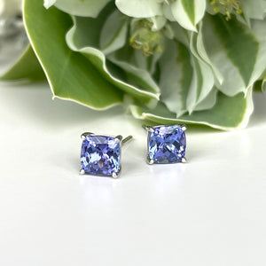 Silver Solitaire Cushion Cut Tanzanite Earrings