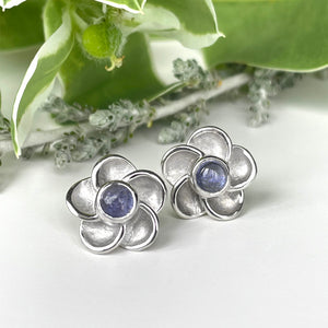 Silver Floral Round Cabochon Cut Tanzanite Earrings