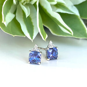 Silver Cushion Cut Tanzanite with Trilogy Silver Topaz Highlight Earrings