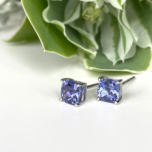 Silver Solitaire Cushion Cut Tanzanite Earrings