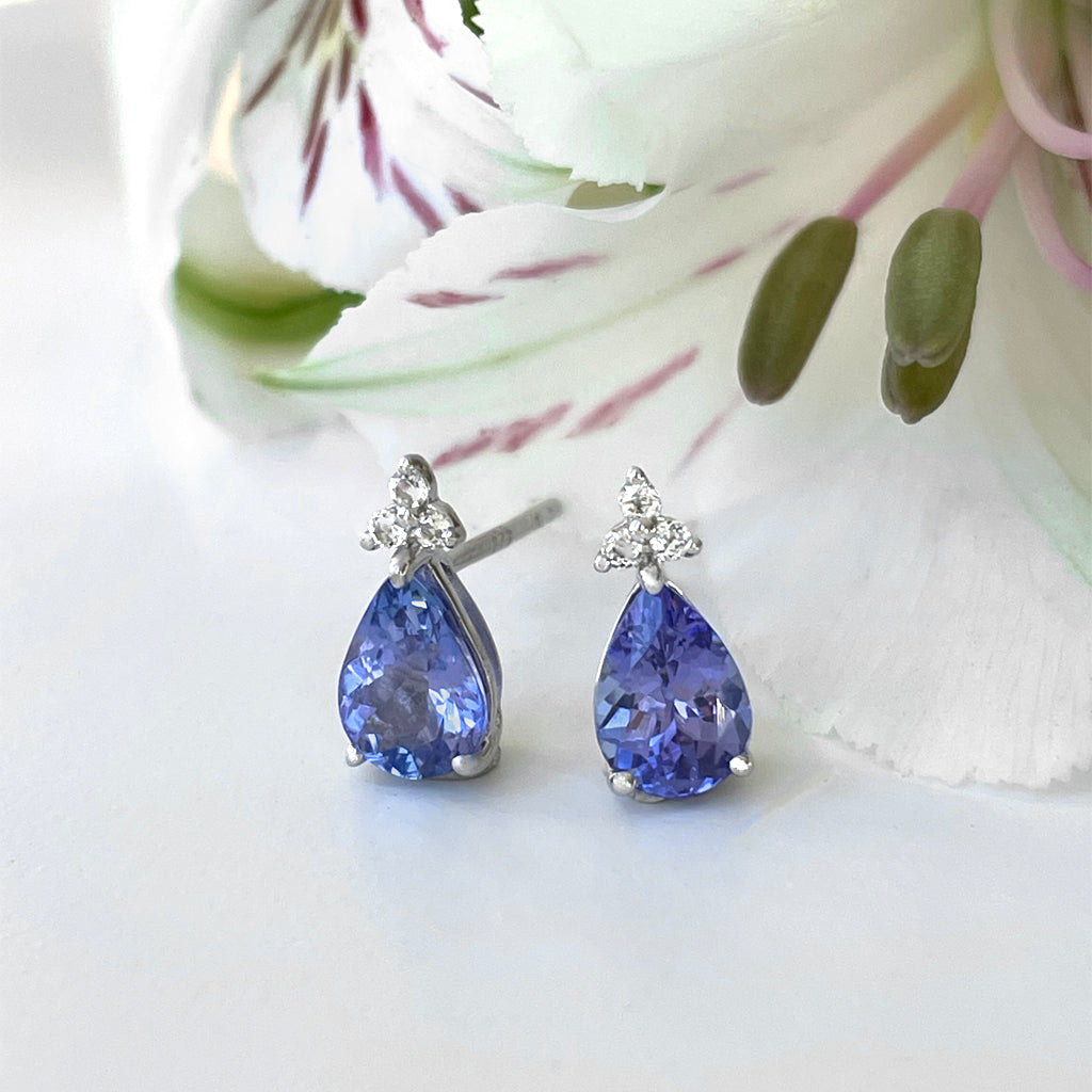 Silver Pear Cut Tanzanite with Trilogy Silver Topaz Highlight Earrings