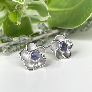 Silver Floral Round Cabochon Cut Tanzanite Earrings