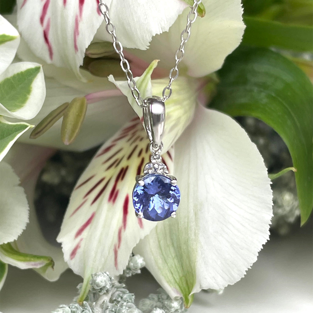 Silver Round Cut Tanzanite with Trilogy Diamond Highlight Pendant