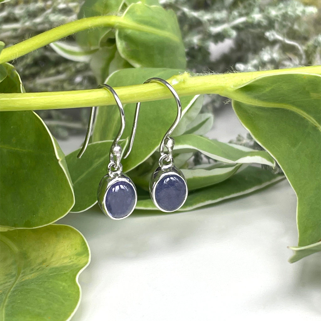 Silver Oval Cabochon Cut Tanzanite Shepards Hook Earrings