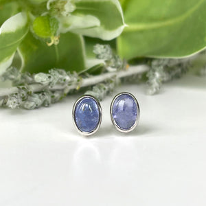 Silver Oval Cabochon Cut Tanzanite Studs