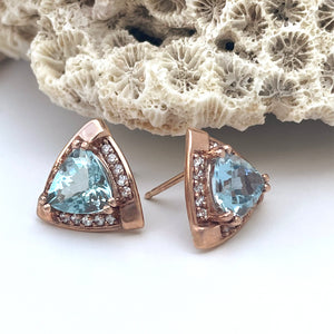 Standout Trilliant Rose Gold Aquamarine and Diamond Highlight Stud Earrings