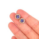 Glam Diamond Halo Round Cut Tanzanite Rose Gold Studs