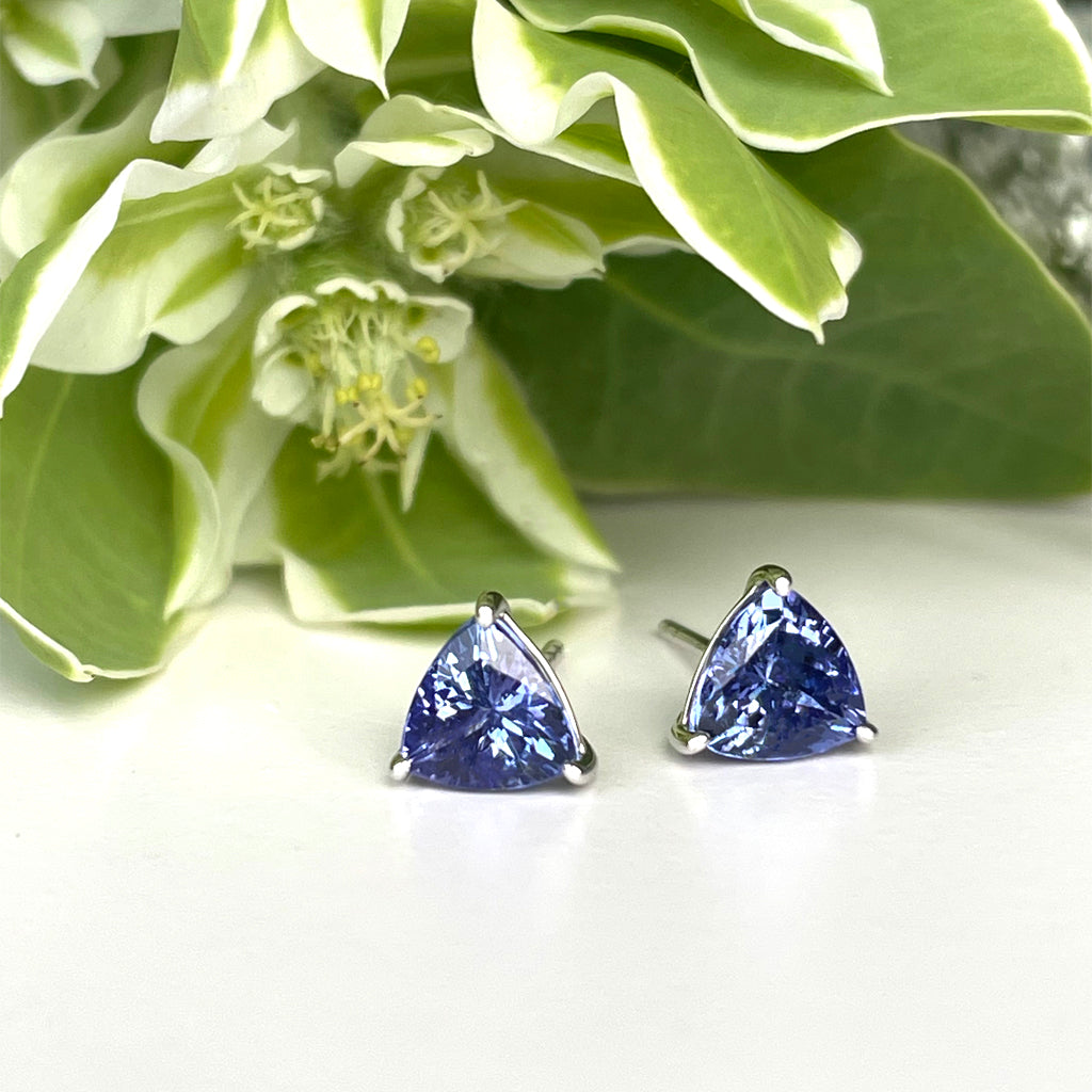 Silver Solitaire Trilliant Cut Tanzanite Earrings