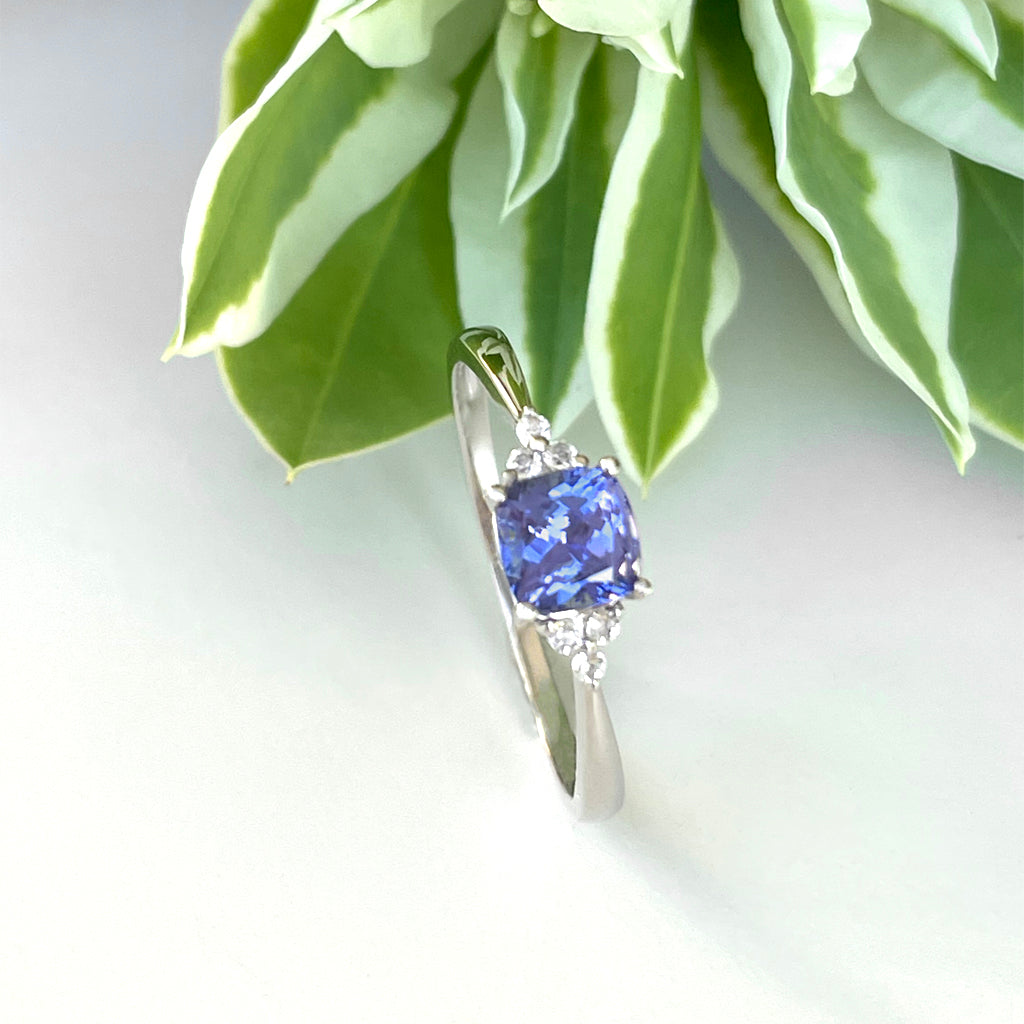 Silver Cushion Cut Tanzanite with Trilogy Silver Topaz Highlight Ring