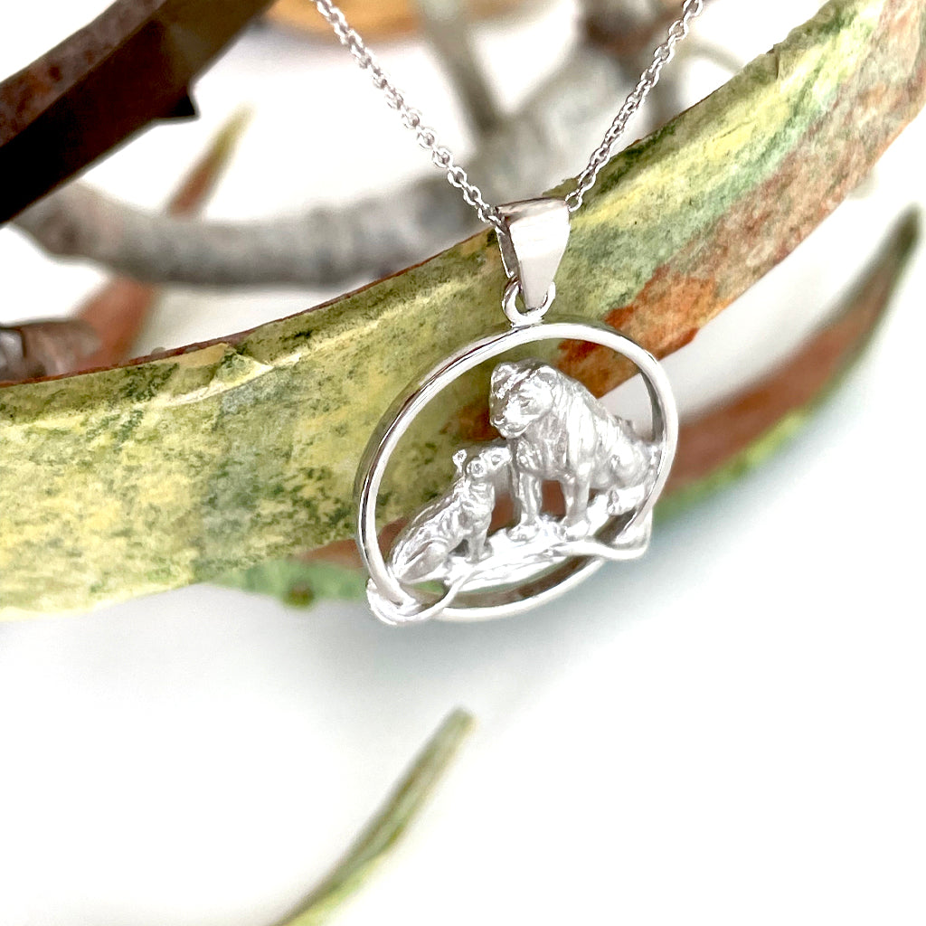 Loving Lioness and Cub White Gold Pendant