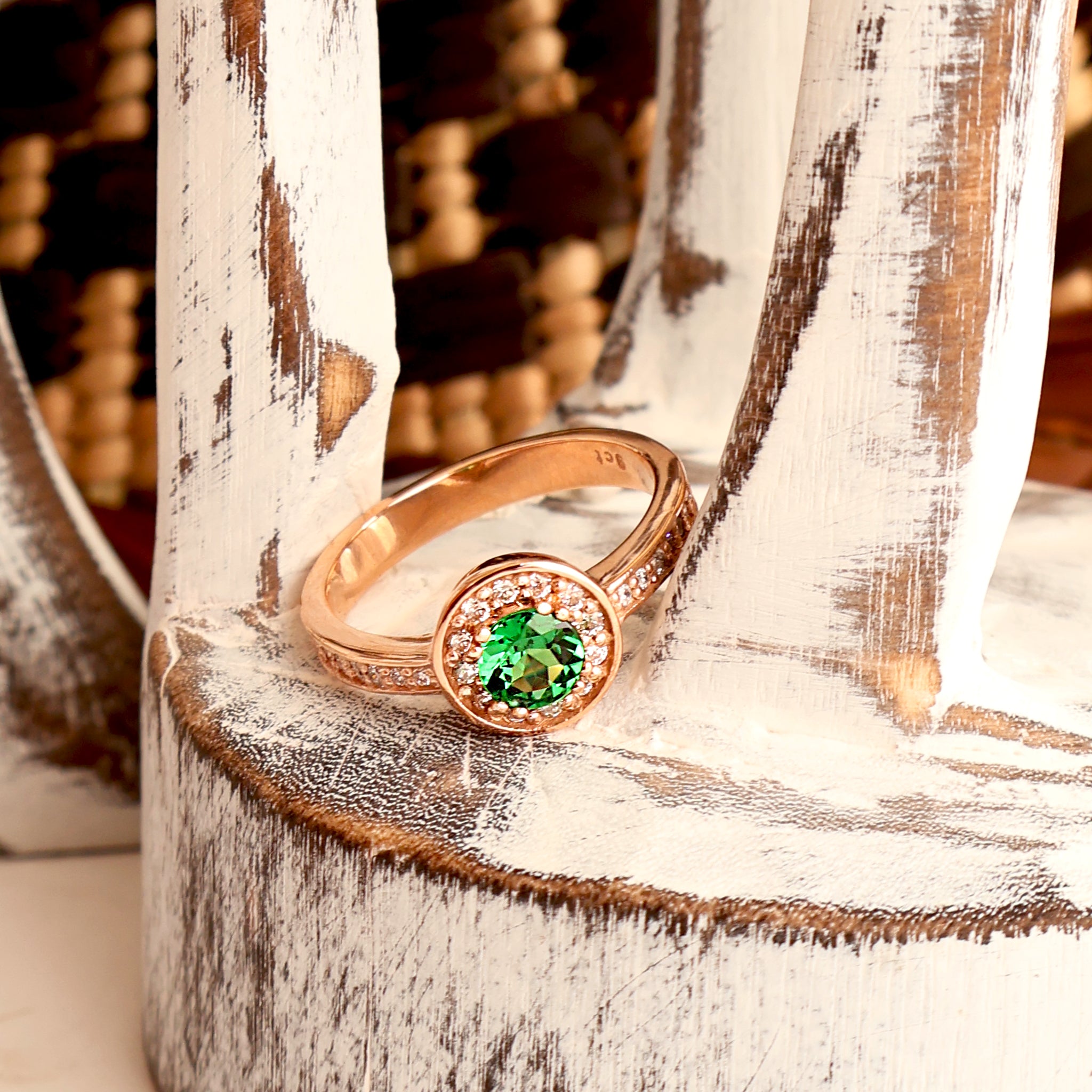 Luscious Rose Gold Diamond Halo and Band Tsavorite Ring
