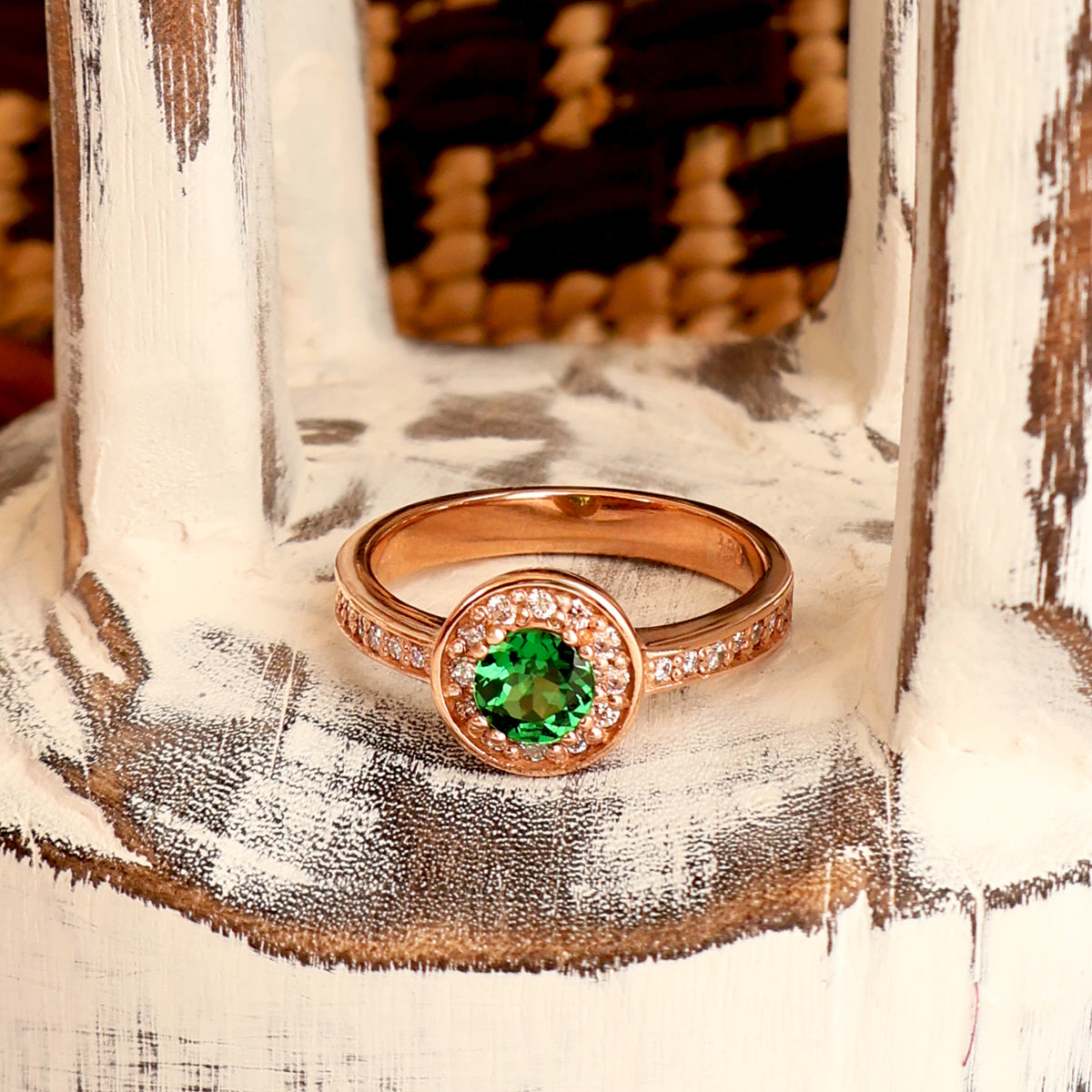 Luscious Rose Gold Diamond Halo and Band Tsavorite Ring