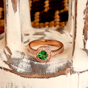 Luscious Rose Gold Diamond Halo and Band Tsavorite Ring
