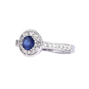 Luscious White Gold Diamond Halo and Band Sapphire Ring