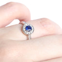Luscious White Gold Diamond Halo and Band Sapphire Ring