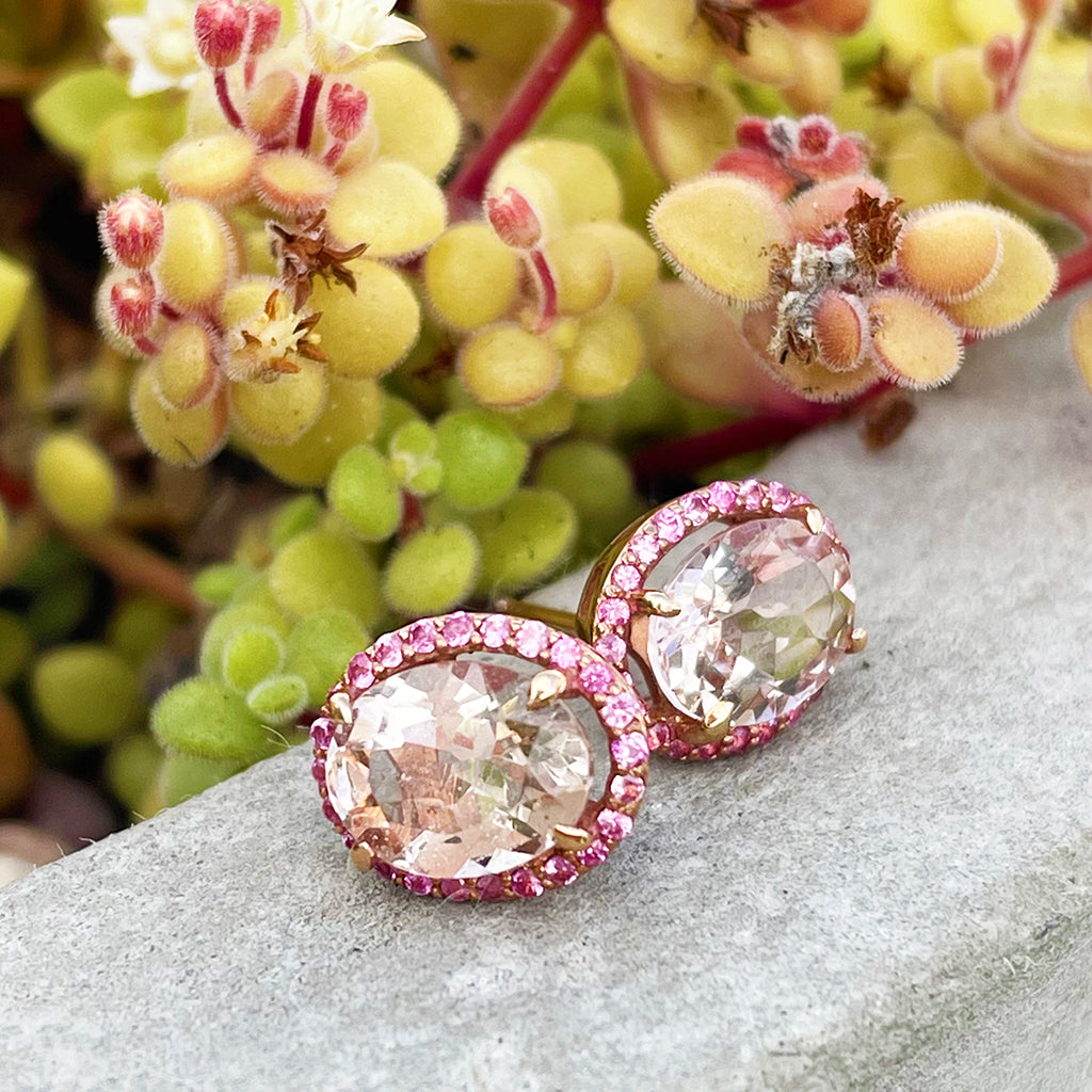 Lusciously Lovely Morganite and Pink Sapphire Oval Stud Earrings