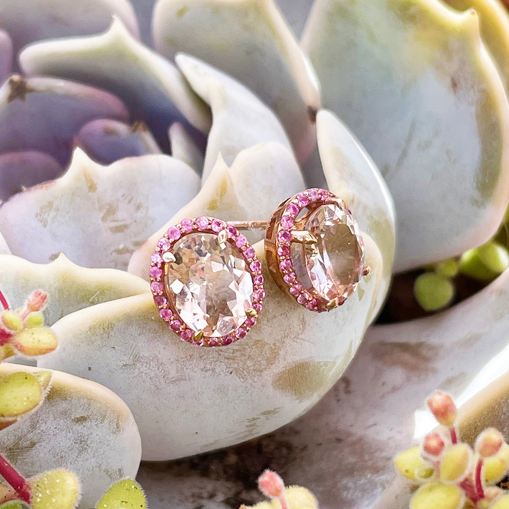 Lusciously Lovely Morganite and Pink Sapphire Oval Stud Earrings