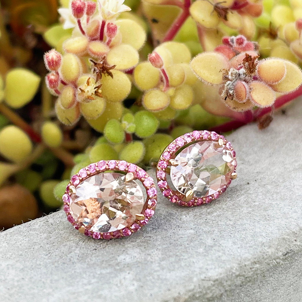 Lusciously Lovely Morganite and Pink Sapphire Oval Stud Earrings