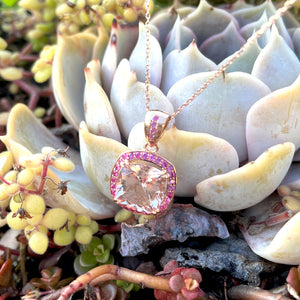 Lush Cushion Morganite, Pink Sapphire Halo Rose Gold Pendant