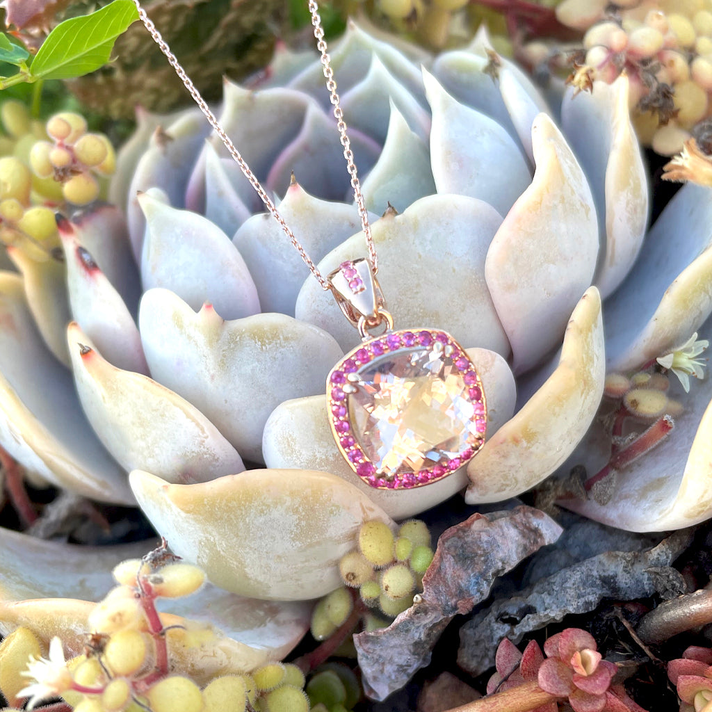 Lush Cushion Morganite, Pink Sapphire Halo Rose Gold Pendant