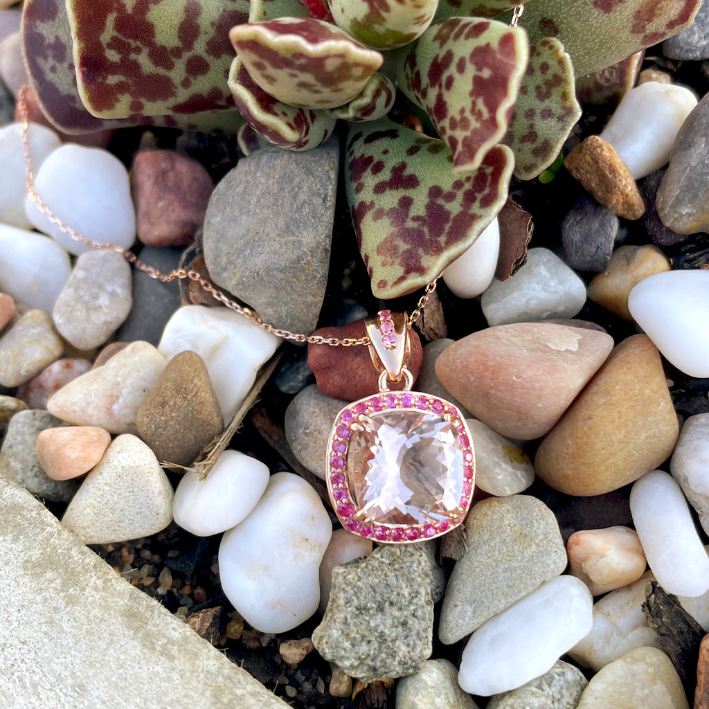 Lush Cushion Morganite, Pink Sapphire Halo Rose Gold Pendant