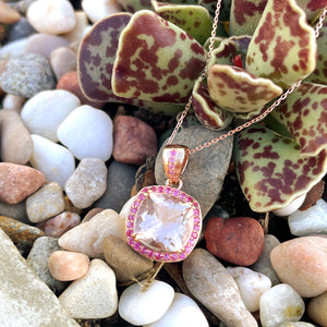 Lush Cushion Morganite, Pink Sapphire Halo Rose Gold Pendant