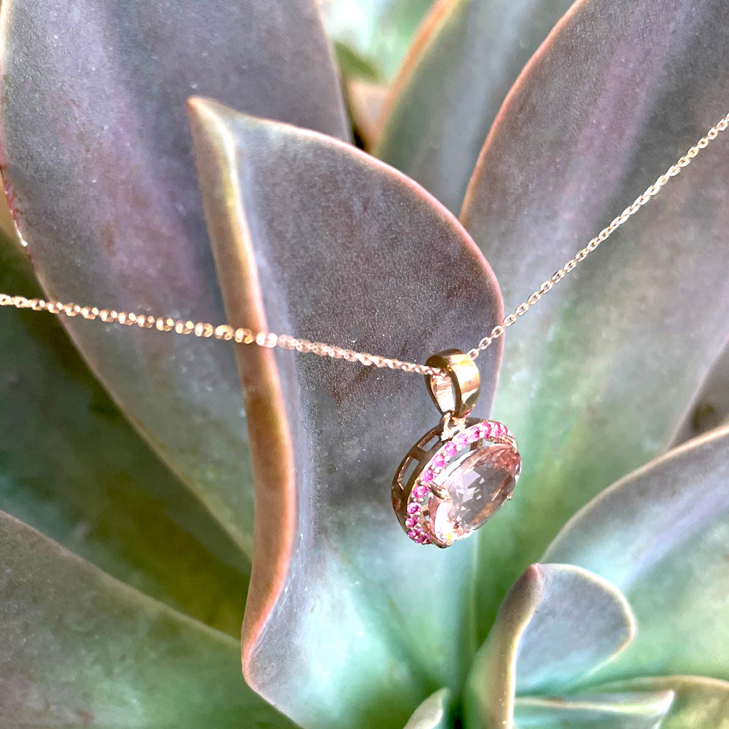 Lush Oval Morganite, Pink Sapphire Halo Rose Gold Pendant