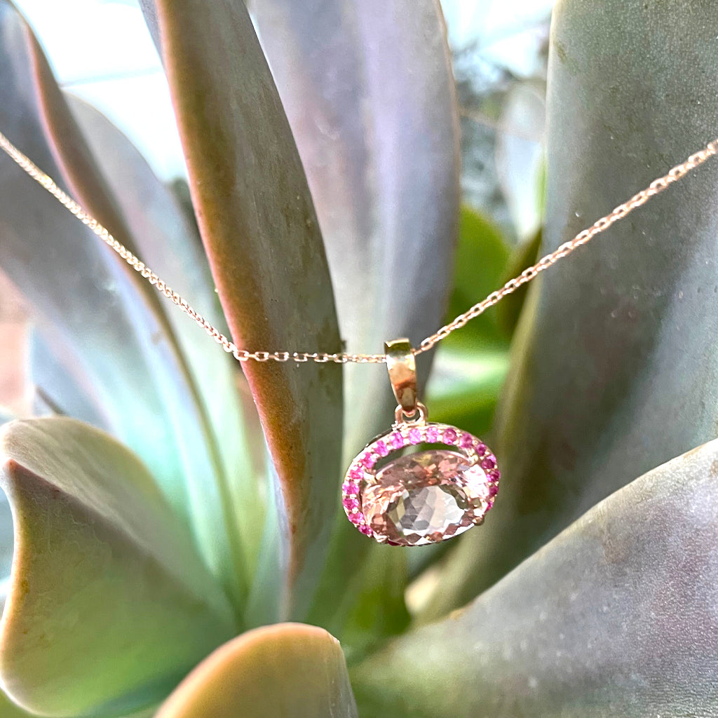 Lush Oval Morganite, Pink Sapphire Halo Rose Gold Pendant