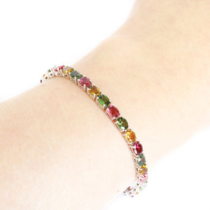 Multi-Stone Four Claw Set Tourmaline Oval Cut Silver Bracelet 2