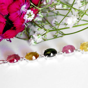 Multi-Stone Four Claw Set Tourmaline Oval Cut Silver Bracelet 2