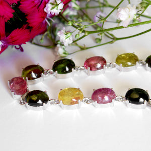 Multi-Stone Four Claw Set Tourmaline Oval Cut Silver Bracelet 2