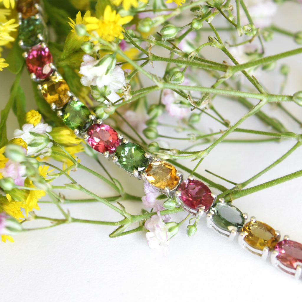 Multi-Stone Four Claw Set Tourmaline Oval Cut Silver Bracelet